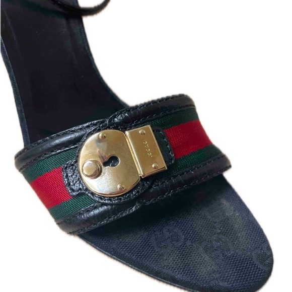 GUCCI GG & Black Leather And Web
Ankle Strap Sandals Size 10B - Picture 10 of 15